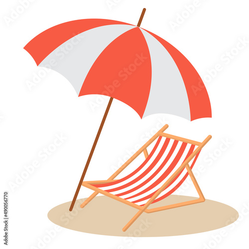 Fotografiet beach umbrella and wooden deck chair vector drawing isolated on white background