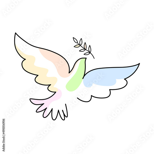 Flying bird as a symbol of peace. Colored dove linear. No war concept. Vector