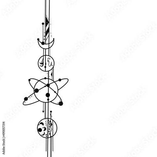 Abstract geometric magical tattoo. Sacred geometric moon, mystic revelation arrows lines and mysticism harmony hand drawn vector illustration, zodiac