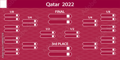 Football Cup Qatar 2022. Playoff match schedule. Tournament bracket. Football results table, participating to the final championship knockout. Vector illustration