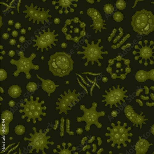 Microbe and Virus under Microscope Seamless Pattern. Vector