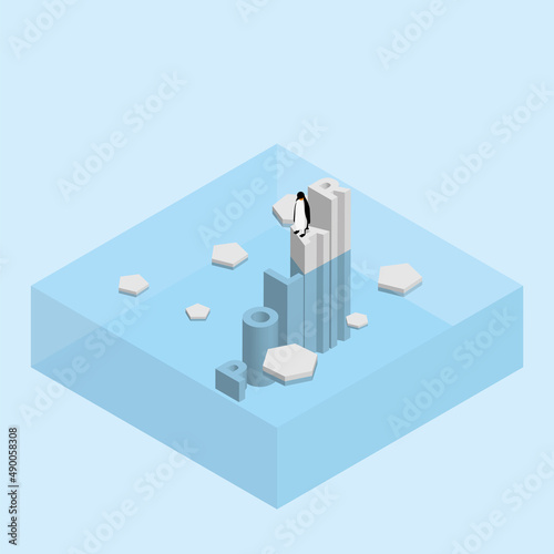 Penguin on text wording iceberg. Global warming and ice melting concept of sea level rise, world flood, climate change, greenhouse effect and floating glacier in Arctic, Antarctic and North Pole.