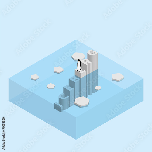 Penguin on text wording iceberg. Global warming and ice melting concept of sea level rise  world flood  climate change  greenhouse effect and floating glacier in Arctic  Antarctic and North Pole.
