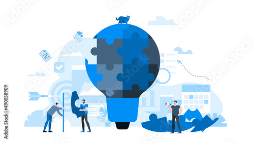 People pick up the missing puzzle that fits the size. Big lamp as idea metaphor. Animation ready duik friendly vector. Puzzle connection, teamwork abstract metaphor, effective business solution.