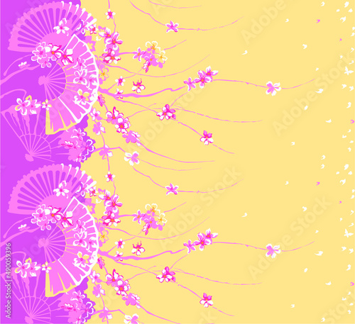Cherry blossoms, spring flower garden vector illustration Japanese sakura flowers with traditional japanese fan