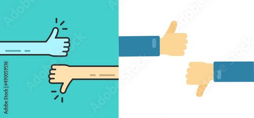 Like dislike or good bad hands vector, unlike or positive fingers up and down icons, approve or disapprove thumbs flat cartoon, agree or disagree feedback concept, yes or no opinion, nice or reject