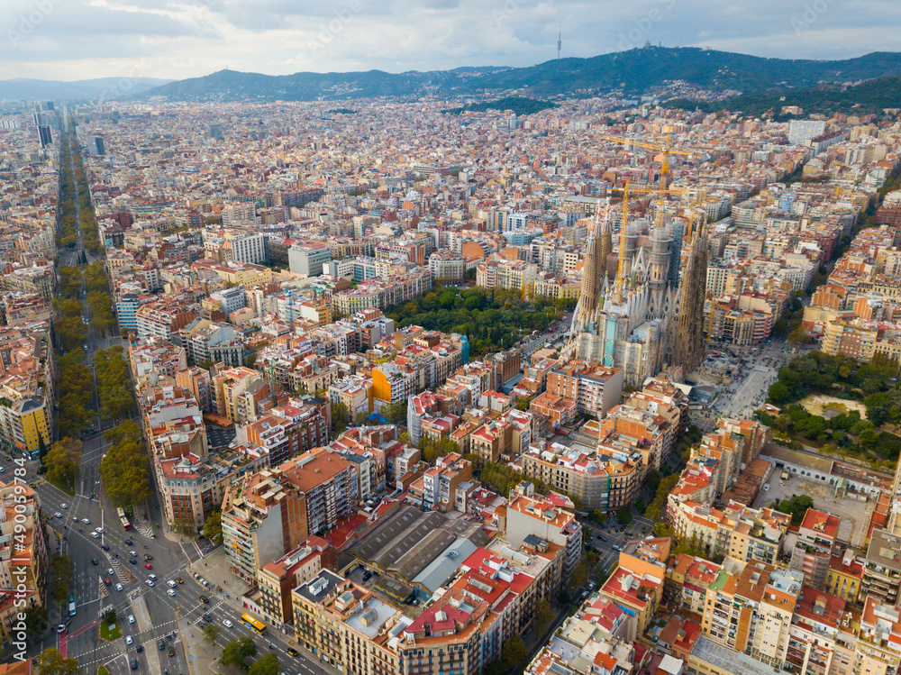 Aerial view of Barcelona with Sagrada Familia designed by Anthony Gaudi