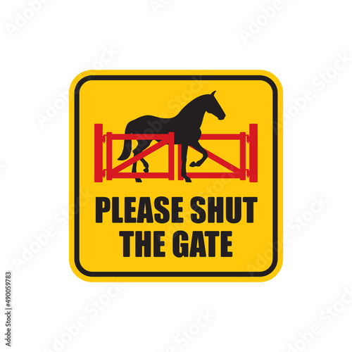 Vector yellow square sign with text: Please shut the gate. Isolated on white background.