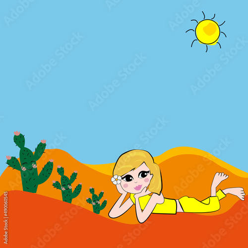 Niña vestida de amarillo tumbada en el desierto.