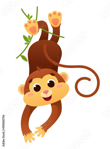 Cheerful monkey on a liana on a white background.Vector illustration.