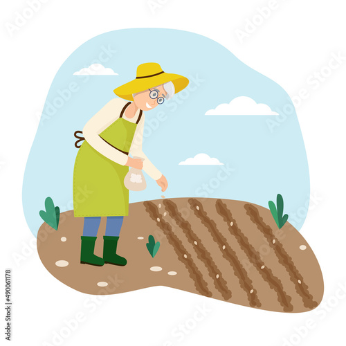 Old woman sows grain. Vector illustration flat design. Isolated on white background.