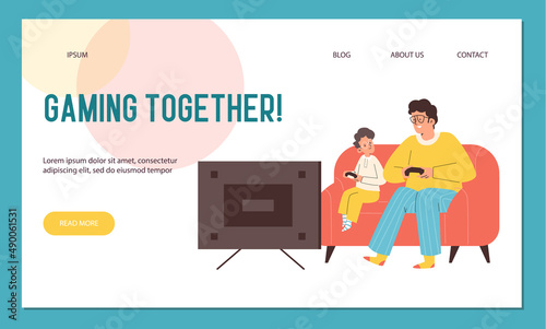 Father playing video games together with son, landing page template - flat vector illustration.