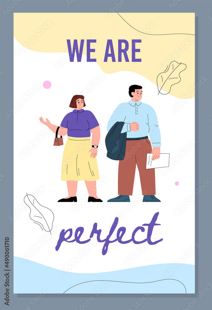 Naklejka premium Body positive motivational poster with chubby persons vector illustration.