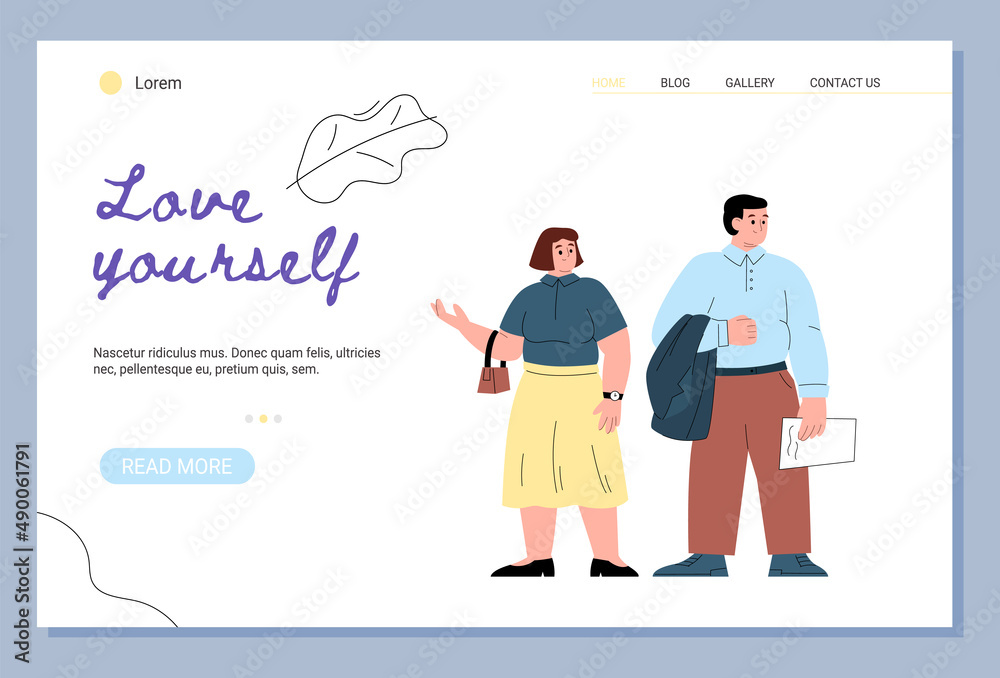 Love yourself motivational website with chubby people flat vector illustration.