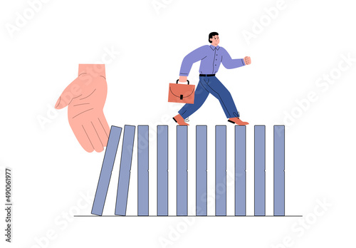Businessman runs over row of falling dominoes flat vector illustration isolated.