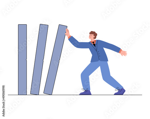 Businessman trying to prevent domino effect and chain reaction, flat vector illustration isolated on white background.