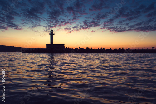 Aerial view of lighthouse at sunset in Varna, Bulgaria