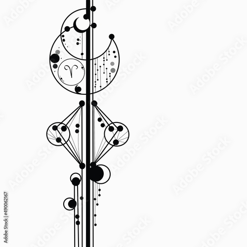 Abstract geometric magical tattoo. Sacred geometric moon, mystic revelation arrows lines and mysticism harmony hand drawn vector illustration, zodiac