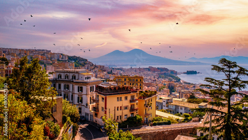 Fototapeta Naklejka Na Ścianę i Meble -  Beautiful view of Naples city with Mount Vesuvius at sunset