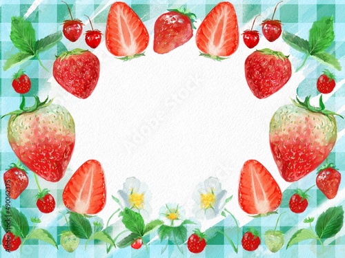 Watercolor painting of fresh strawberries and berries with cute check pattern   s frame