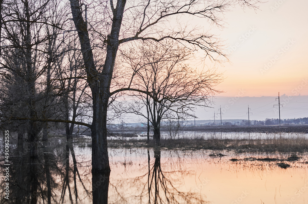 Photo of a river that overflowed its banks when the snow melted. Early spring. Trunks and branches of bare trees. Sunset. Landscape in the off-season in Ukraine. Reflection in water. Photo of a river that overflowed its banks when the snow melted. Early spring. Trunks and branches of bare trees. Sunset. Landscape in the off-season in Ukraine. Reflection in water.