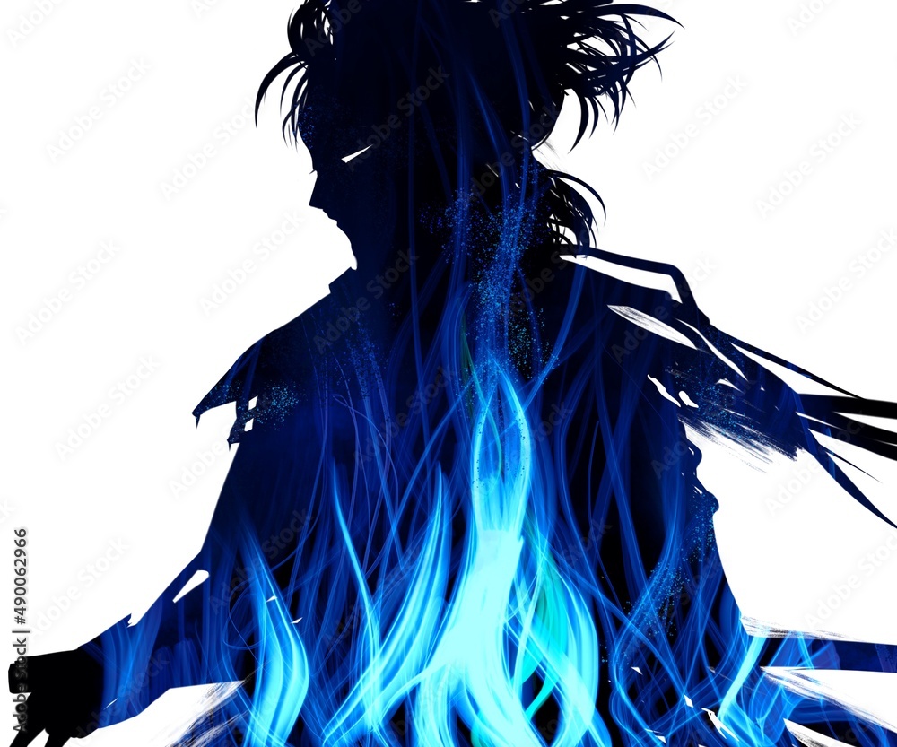 メラメラ燃える心の炎と殺気走る戦国時代の若侍役のシルエットイラスト Stock Illustration Adobe Stock