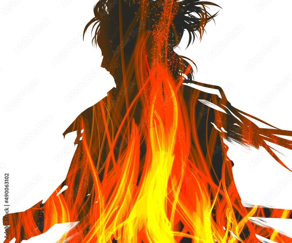 敵軍と戦いメラメラ燃える炎と殺気走る戦国時代の若侍たちの筆跡残るシルエットイラスト Stock Illustration Adobe Stock