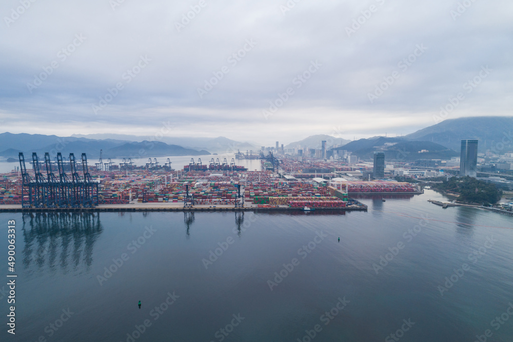 Aerial view of  container ship in export and import port