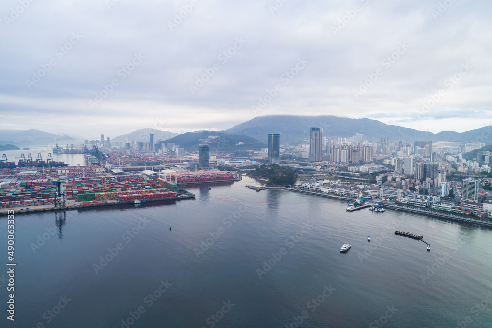 Aerial view of  container ship in export and import port