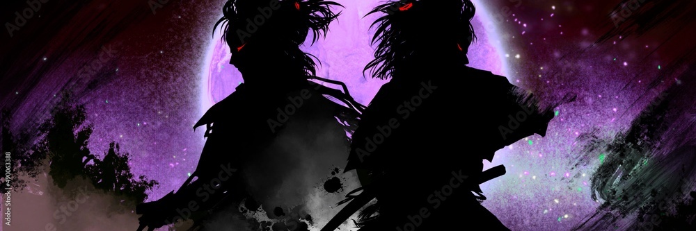 敵軍と戦い殺気走る戦国時代の若侍たちの筆跡残るシルエットイラストと紫色の満月背景 Stock Illustration Adobe Stock