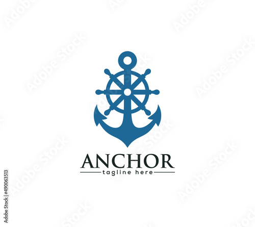 Anchor and ship steering wheel navigation logo design on white background, Vector illustration.