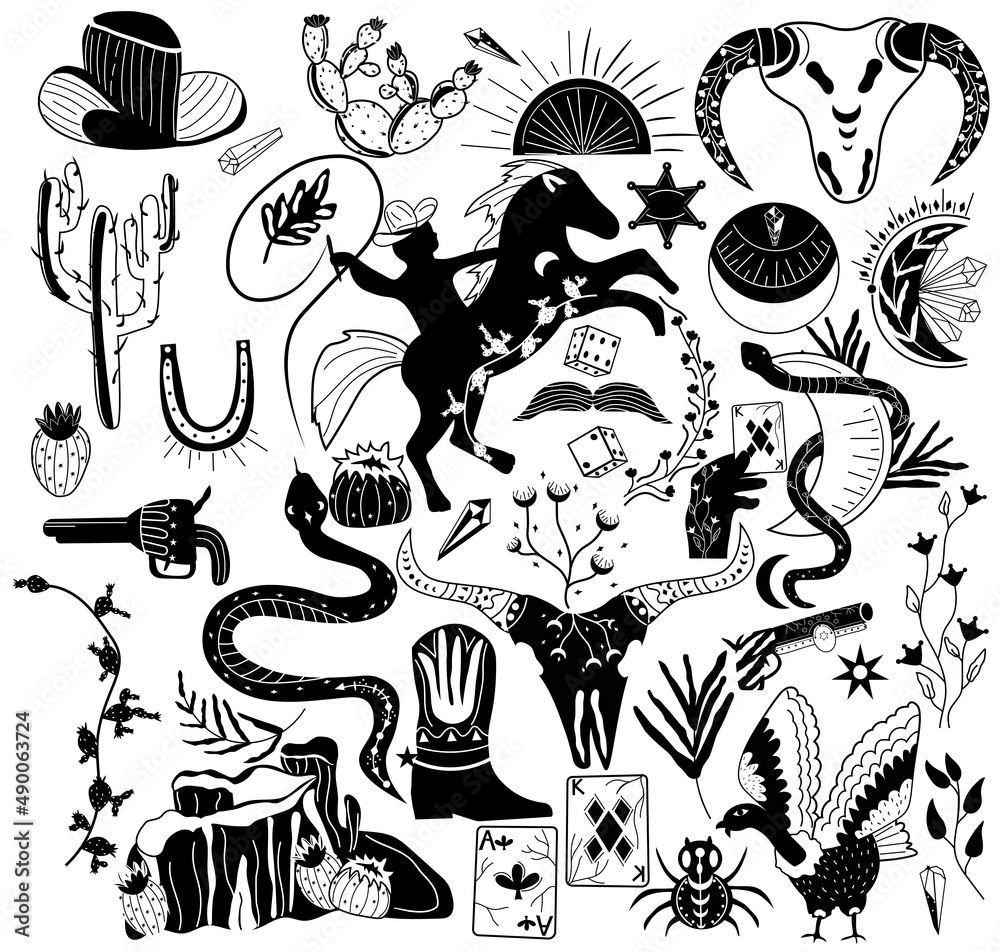Wild west, cowboy collection. Black and white illustration. Wild horse, cactus, skull, snake, vulture, cowboy boot, card, dice, wilderness, sheriff star. Old west. Vector illustration.
