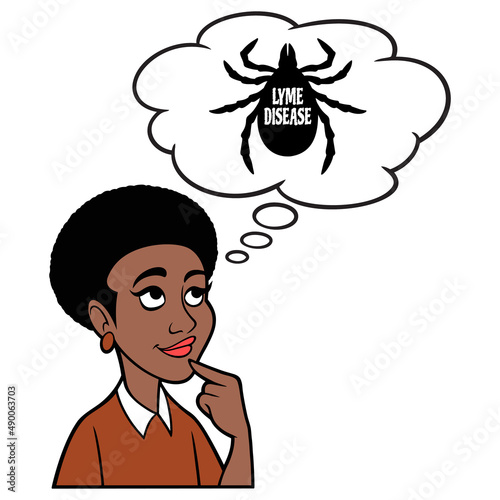 Black Woman thinking about Lyme Disease - A cartoon illustration of a Black Woman thinking about complications of Lyme disease.