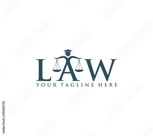 Law text or wordmark logo with scale icon and judge on white background, Vector illustration.
