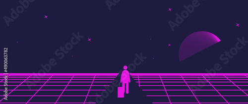 Businessman Start and Steps into Future Door. Moving Forward to New Technology, Blockchain and the Next Layer of the Internet Concepts. Futuristic Tone