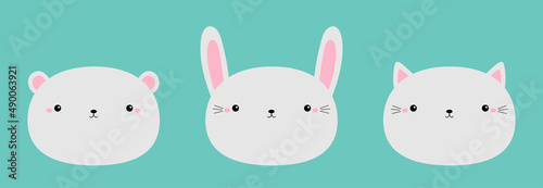 White bear cub bunny rabbit, cat kitty, kitten icon set. Round face head. Cute kawaii animal. Cartoon funny baby character. Kids print for poster, t-shirt cloth. Flat design. Green background.