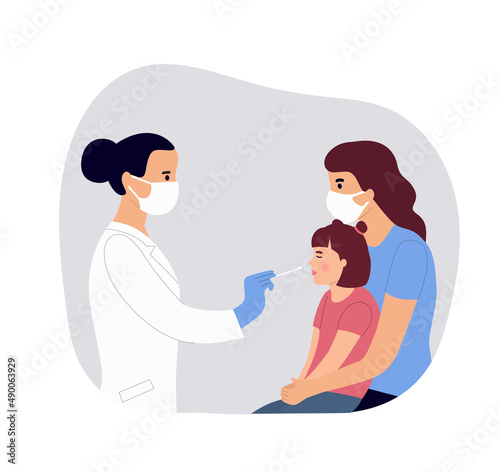 Woman in face mask tested the coronavirus by pcr test from the elderly patient with child. Vector flat style cartoon illustration