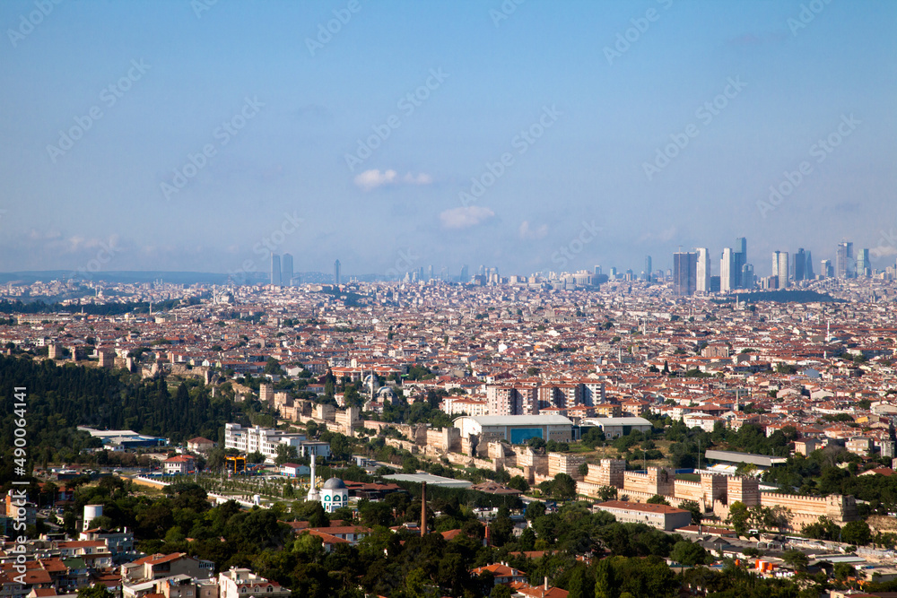 Modern Istanbul landscape with historical Byzantine walls