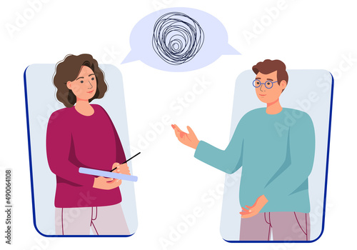 The concept of psychological help online. The psychologist helps the patient to unravel the tangle of thoughts. Psychological problems, mental disorder. Vector illustration of online help