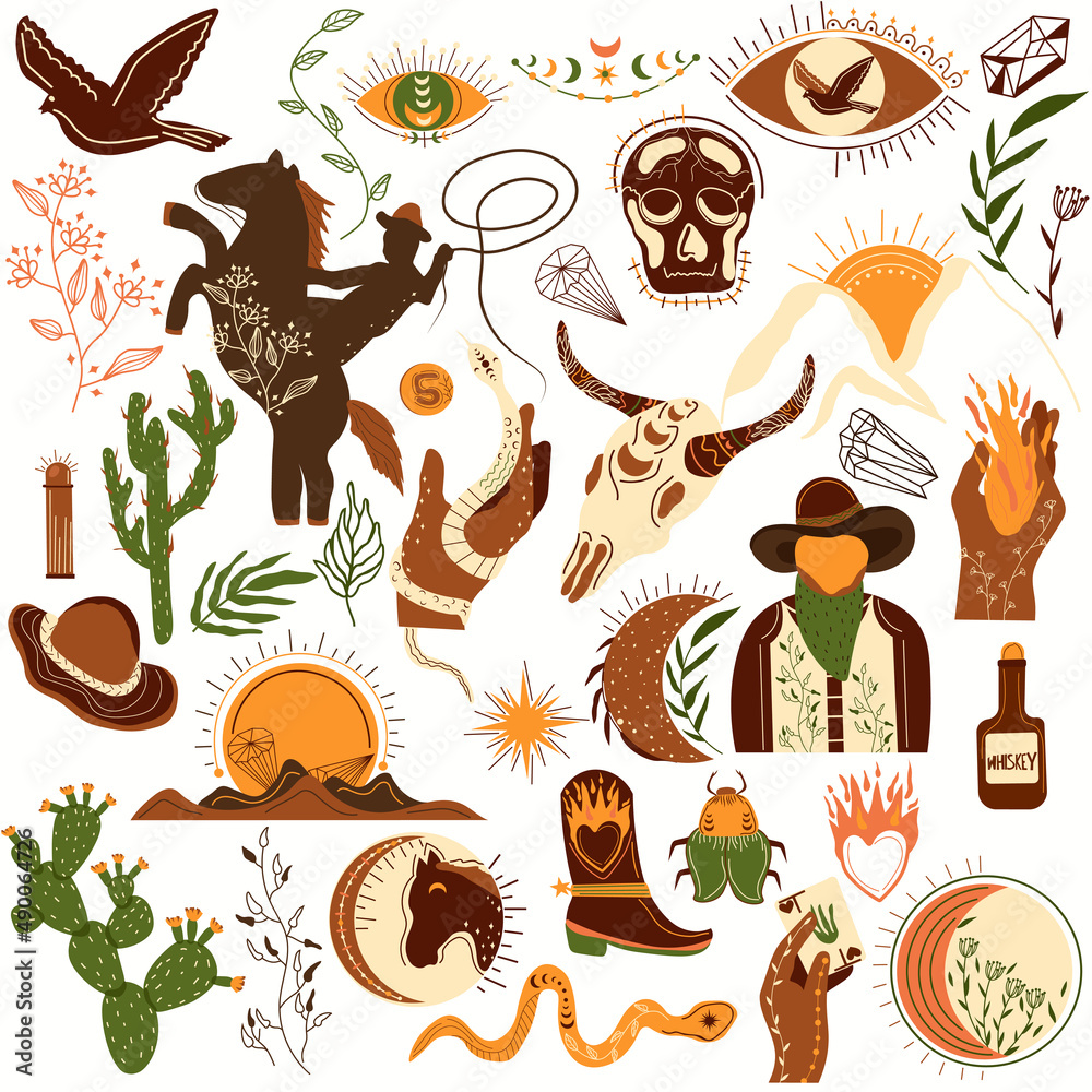 Wild west collection. Wild horse, cowboy, buffalo skull, cactus, snake, hat, cowboy boot, wilderness, leaf, fire. Old west. Vector illustration.