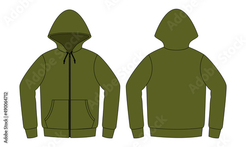 Olive Green Hooded Jacket With Two Pocket Template Vector On White Background.Front and Back View.