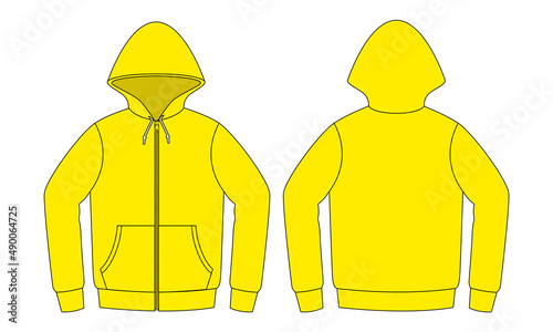 Yellow Hooded Jacket With Two Pocket Template Vector On White Background.Front and Back View.