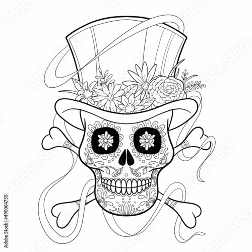 Sugar Skull in the Hat with Flowers