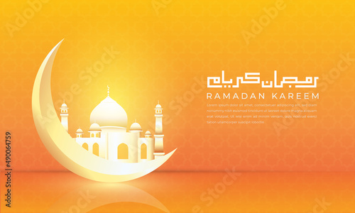 Ramadan kareem background with kufi calligraphy, crescent moon and mosque