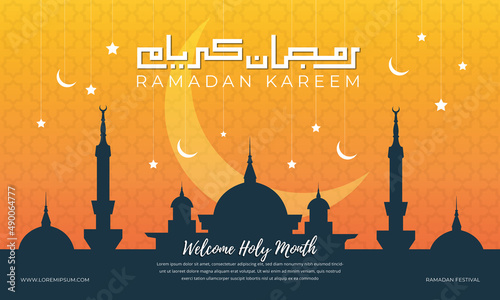 Ramadan kareem background with kufi calligraphy, crescent moon and mosque