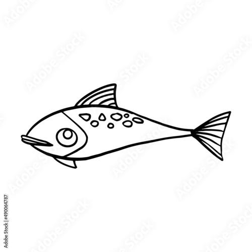Gold fish. In cartoon style. Funny fish in the underwater world. Sketch of adult or child anti-stress coloring, line drawing, logo for tattoo with doodle