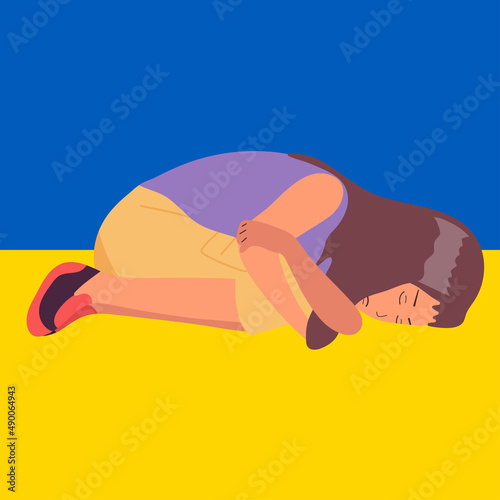 Ukraine girl cries in pain. Blue sky over fertile land. War and tears, fear and pain.