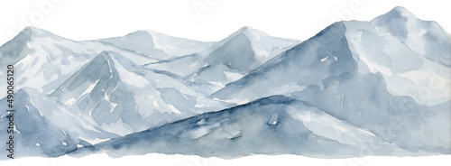 Blue Mountains Panorama Long Landscape Watercolor Painting, Hand Drawn and Painted