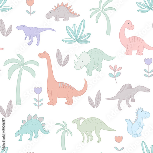 Dinosaurs seamless baby pattern. Background dino and tropical plants. Template with animal characters for fabric  paper and baby products design vector illustration