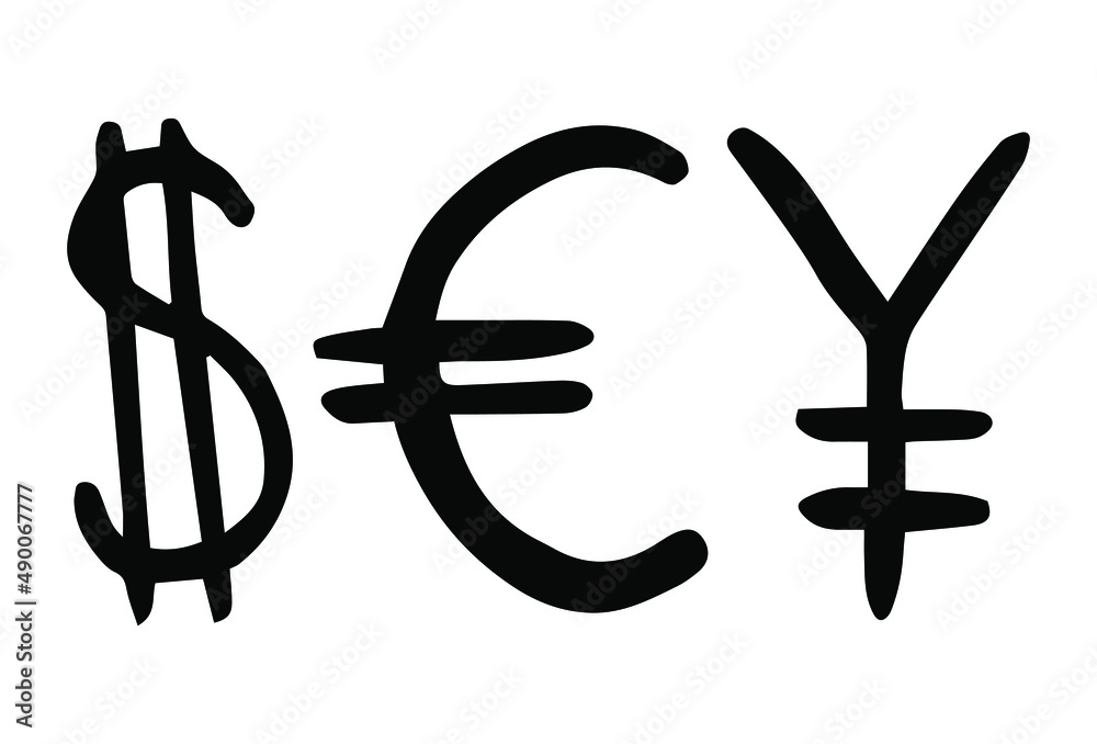 simple vector flat art illustration of hand drawn set of, dollar, yen, euro currency money symbols simple vector flat art illustration of hand drawn set of, dollar, yen, euro currency money symbols